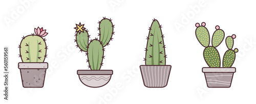 Set of green cactus in pots. Can be used for textile, wallpapers, gift wrap, icons, stickers. Isolated vector illustration on white background.	