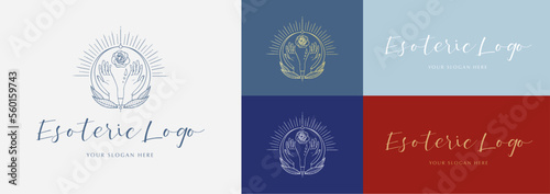 Diseño de logotipo esotérico para terapeutas masajistas aceites esenciales arteterapia espiritual corazón sol y luna brillante hojas naturaleza manos masaje cuidado delicado elegante