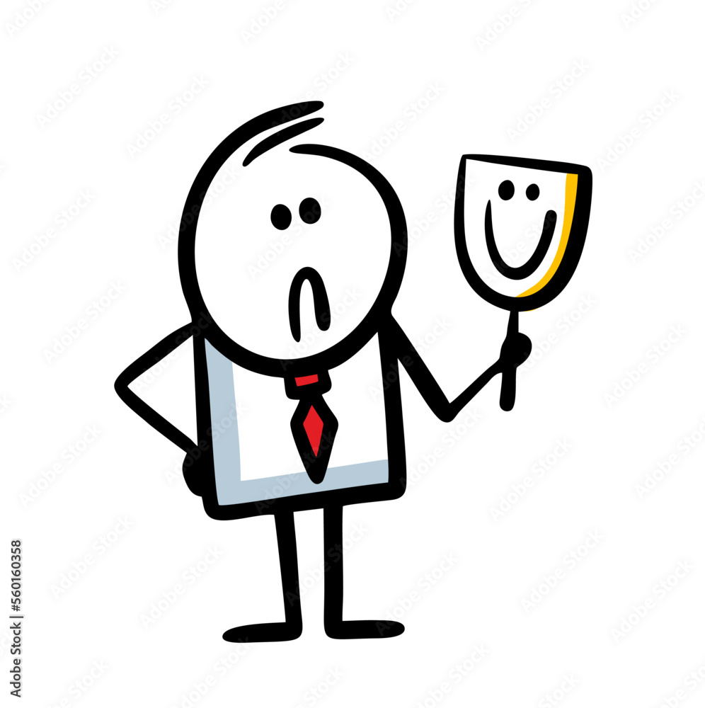 Businessman with a grimace on his face holds a theatrical mask with a positive smile. Businessman with a grimace on his face holds a theatrical mask with a positive smile.