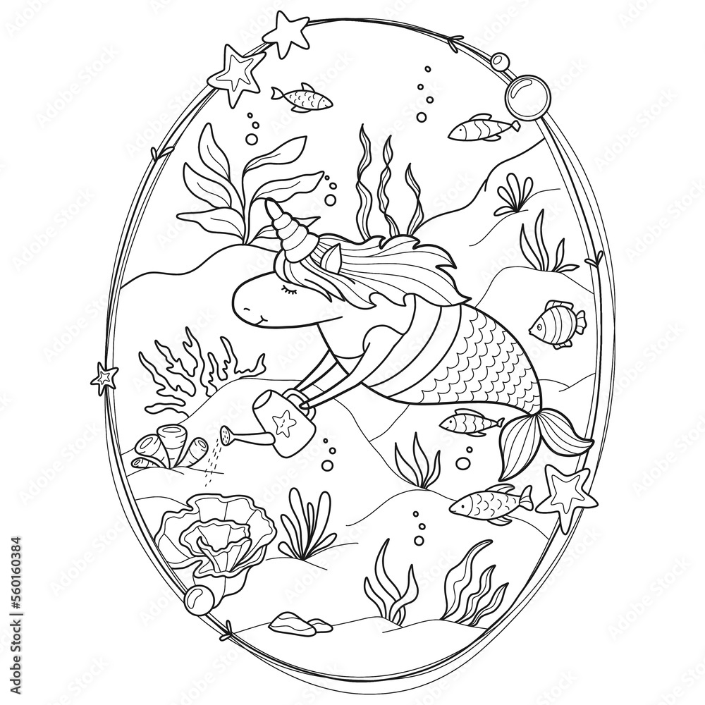 Unicorn Mermaid Coloring Page for Kids Stock Vector | Adobe Stock