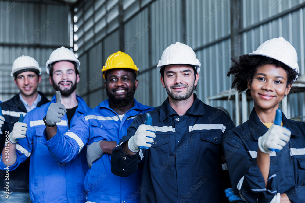 Portrait confident workers, mechanical engineer team and teamwork of workers working in industry Portrait confident workers, mechanical engineer team and teamwork of workers working in industry