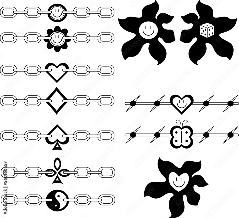 Tattoo set in the style of the 90s, 2000s. Black and white set of 12 tattoos. Includes 7 chains, 2 barbed wires and 3 blots.