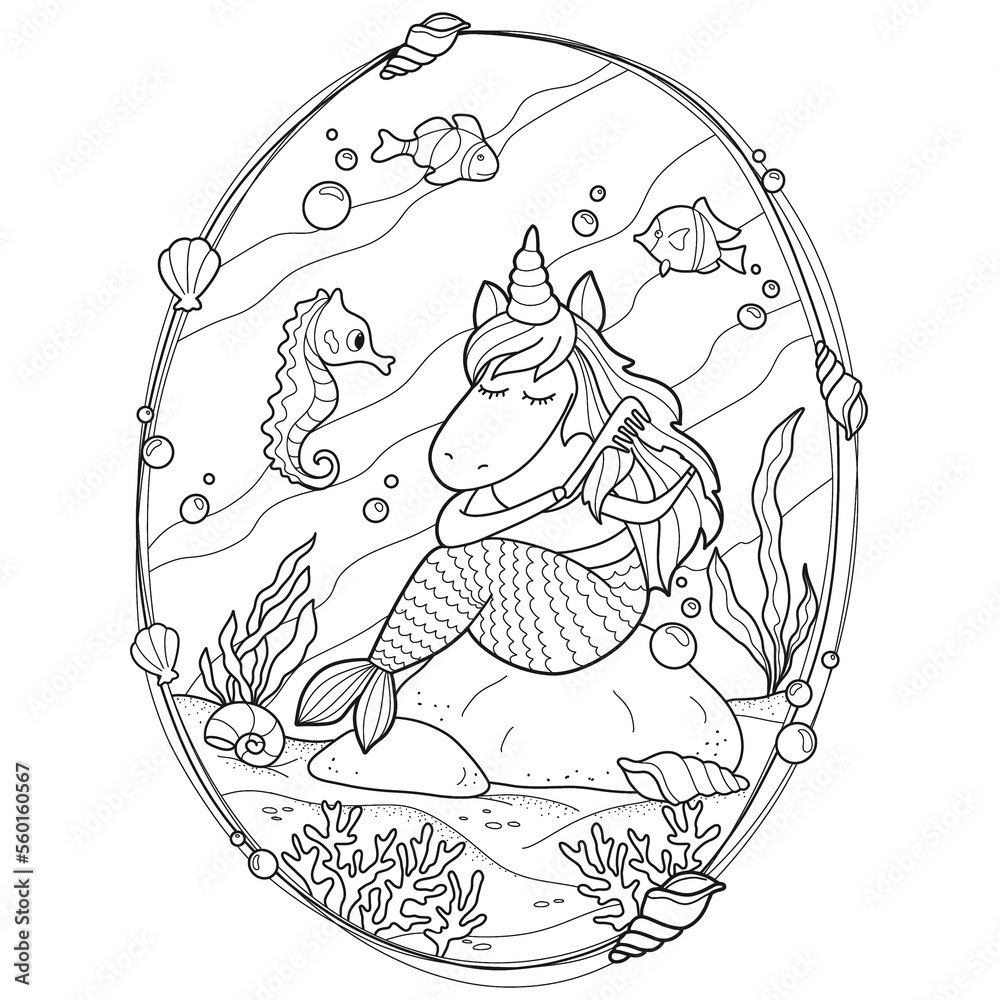 Unicorn Mermaid Coloring Page for Kids Stock Vector | Adobe Stock