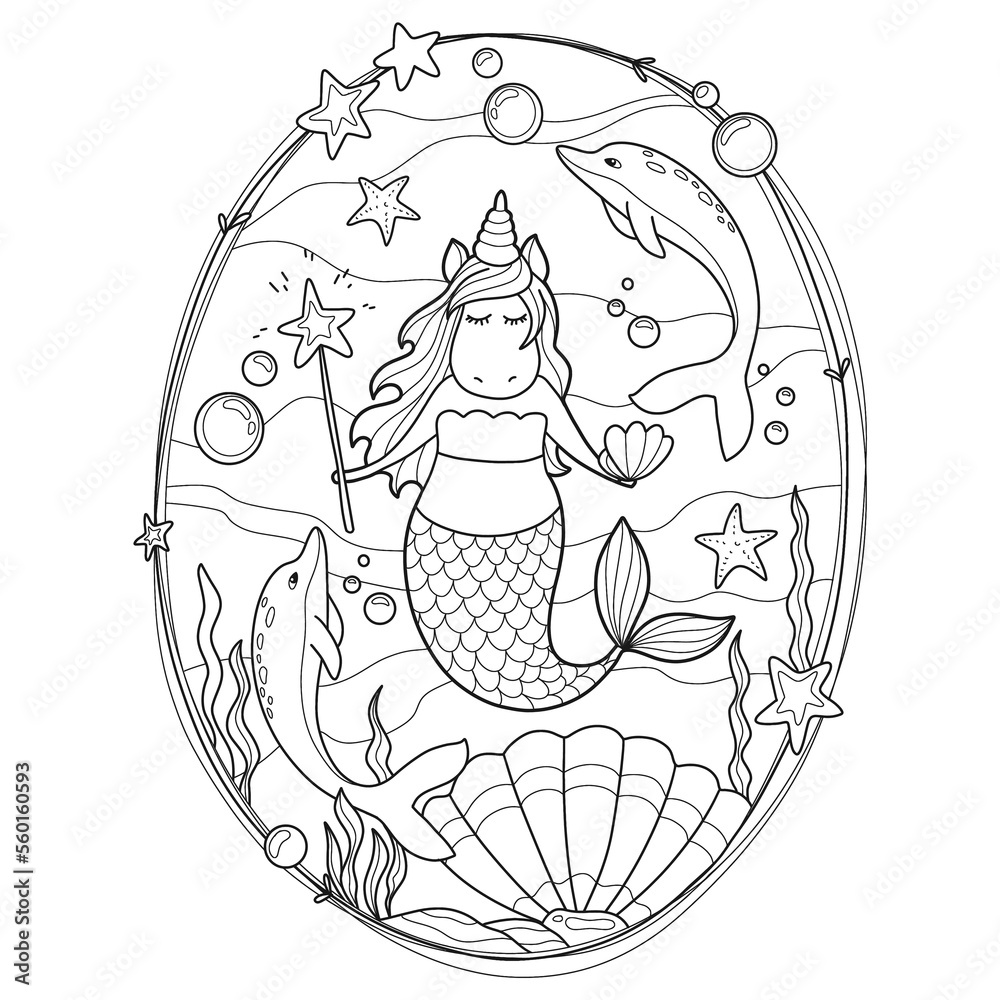 Unicorn Mermaid Coloring Page for Kids Stock Vector | Adobe Stock