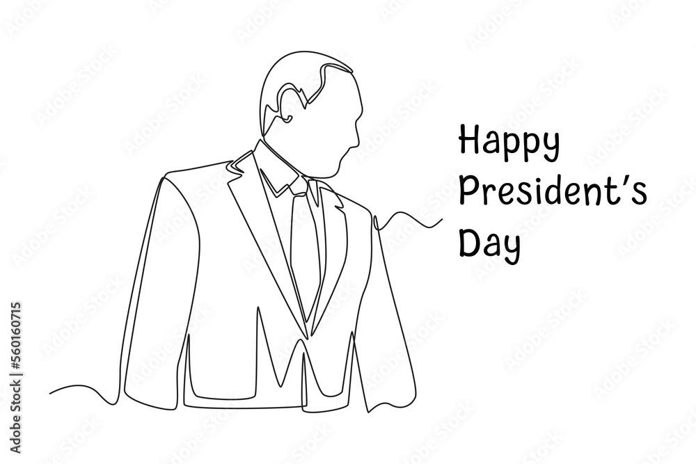 Continuous one line drawing side view of the president at the celebration of presidents day. Presidents Day Concept. Single line draw design vector graphic illustration. Continuous one line drawing side view of the president at the celebration of presidents day. Presidents Day Concept. Single line draw design vector graphic illustration.