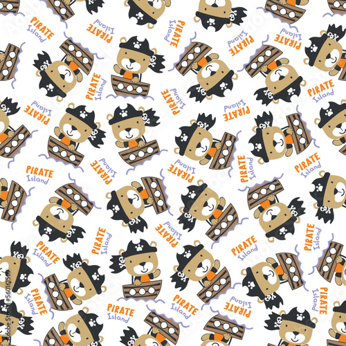 Seamless pattern of funny bear pirate with treasure chest, Can be used for t-shirt print, Creative vector childish background for fabric textile, nursery wallpaper and other decoration.