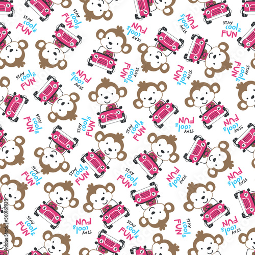 Fototapeta Naklejka Na Ścianę i Meble -  Seamless pattern of funy monkey driving the blue car. Can be used for t-shirt print, Creative vector childish background for fabric textile, nursery wallpaper and other decoration.