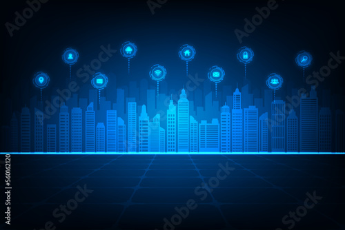 Vector technology internet of things smart city online network concept. Abstract blue background.