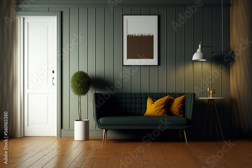 Wooden floors and a cozy, mid century sofa in the room. You can use the front view and blank walls as a mockup. Generative AI photo