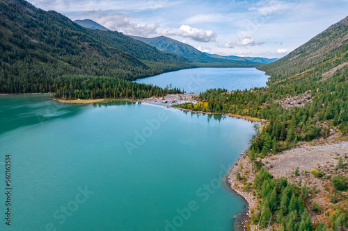 Aerial summer Landscape beautiful Multe lake in mountains Altai, top view