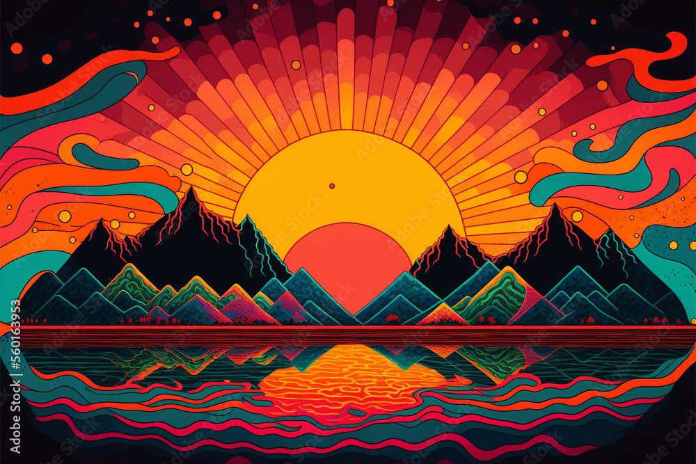 湖と太陽が美しい印象的なイラスト、 Generative AI