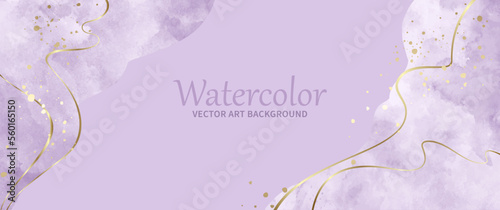 Abstract light purple watercolor vector art background for cards, flyer, poster, banner and cover design. Hand drawn illustration for design. Gold lines. Watercolour brush strokes. Painted texture.