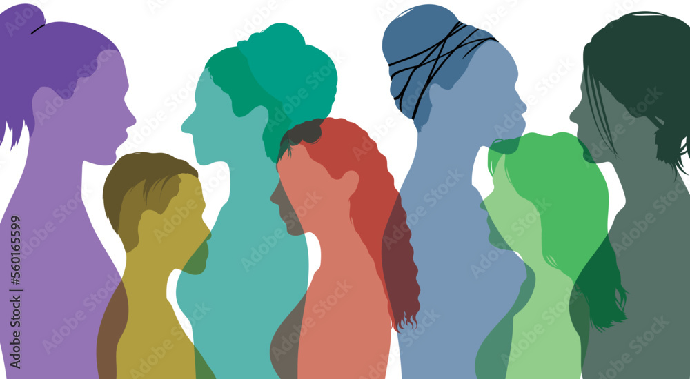 We believe in racial equality and friendship. An online community of women from diverse cultures. Flat vector. Profile of a multicultural diversity women's and girls and communication group.