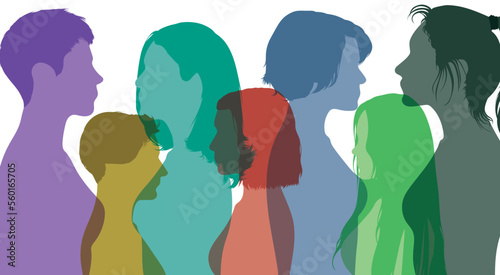 Communication group of multi-ethnic women and girls. Flat vector illustration. Community of female social networkers from different cultures. Get to know each other.  photo