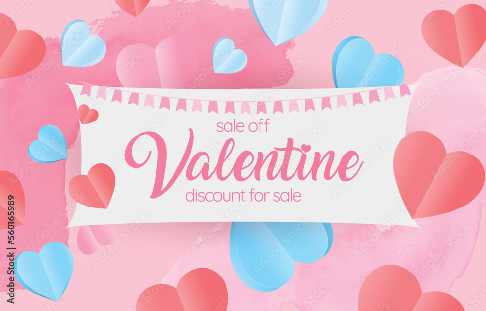 Valentine's sale Paper cut elements in shape of heart flying on frame and discount for sale on pink background. Vector symbols of love for Happy Valentines Day. greeting card design.