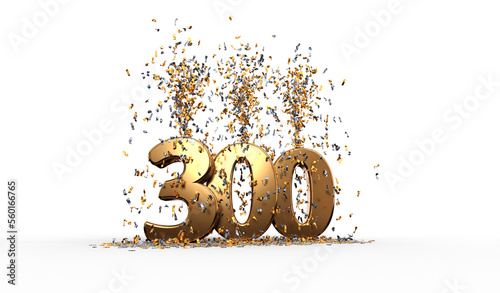 Photos nombre 300 en lettres dorées avec confettis or et argent sur fond transparent -