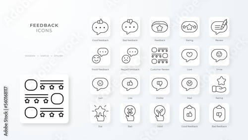 Feedback Icons with black outline style. Related to Feedback, Rating, Like, Dislike, Comment, Good Bad Sign, Yes No icons. Vector illustration
