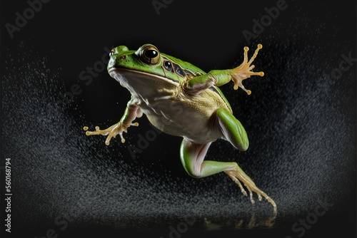  a frog jumping in the air with its legs spread out and eyes wide open, with a black background behind it and a splash of water on the floor below it, and below the., generative ai photo