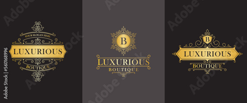 Vintage logos and monograms set elegant flourishes line art graceful ornaments. Classic ornate calligraphy for luxury emblem royal heraldic boutique, restaurant, hotel