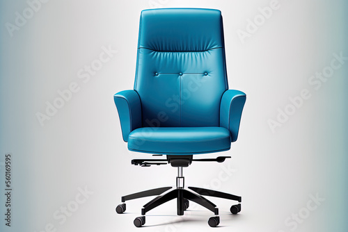 Picture of a blue leather office chair isolated on a white backdrop. Generative AI