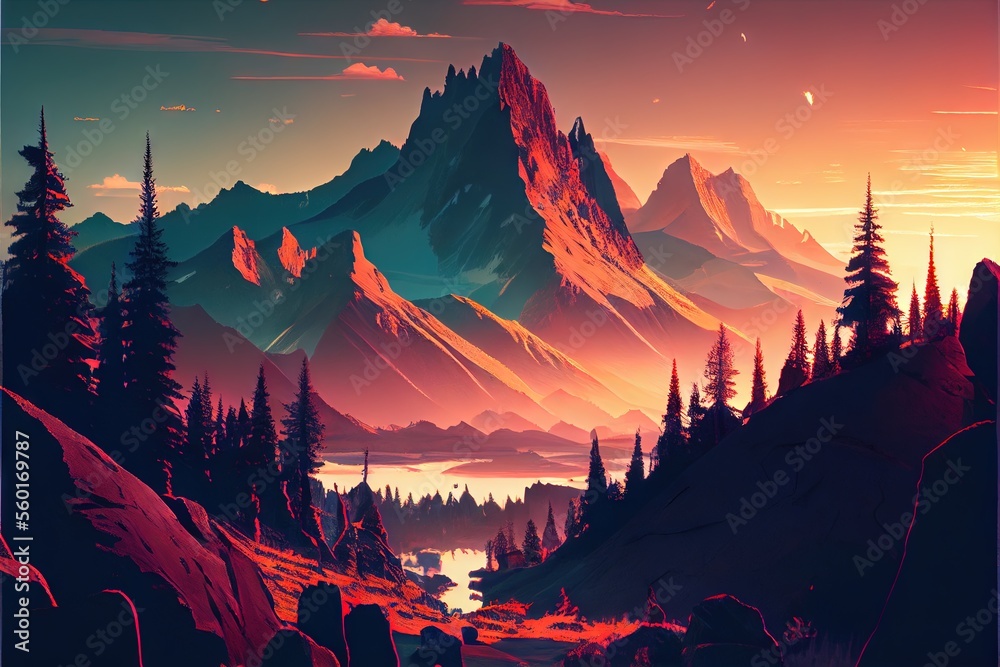Mountain landscape at sunset. AI generated art illustration.
Mountain landscape at sunset. AI generated art illustration.