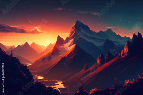 Mountain landscape at sunset. AI generated art illustration.   © Дима Пучков