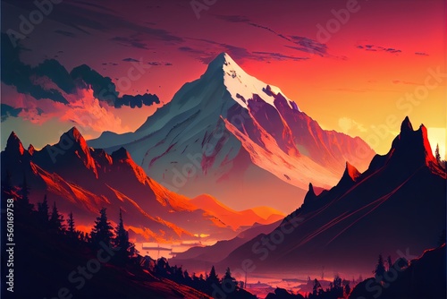 Mountain landscape at sunset. AI generated art illustration. 