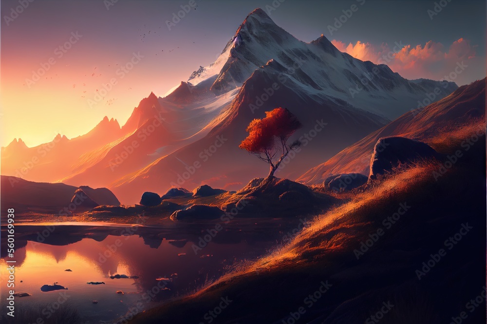 Mountain landscape at sunset. AI generated art illustration.	
