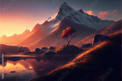 Mountain landscape at sunset. AI generated art illustration. 
