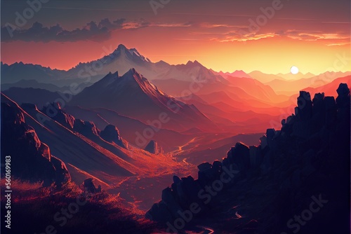Mountain landscape at sunset. AI generated art illustration.  