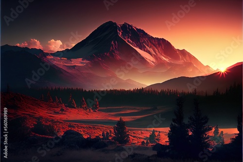 Mountain landscape at sunset. AI generated art illustration. 