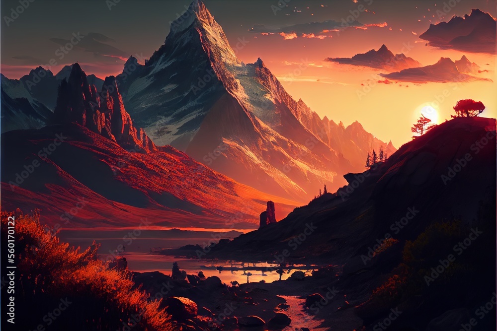 Mountain landscape at sunset. AI generated art illustration.	
