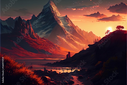 Mountain landscape at sunset. AI generated art illustration. © Дима Пучков