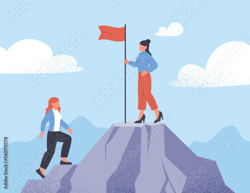 Reaching goal concept. Man and woman next to red flag on top of mountain. Motivation and leadership, teamwork and partnership. Ambition and development, career. Cartoon flat vector illustration