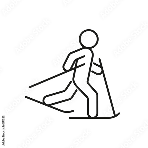 Skier, skiing, ski sport, line icon. Winter sport on snow. Walk on ski, recreation training lifestyle, activity competition. Vector illustration
