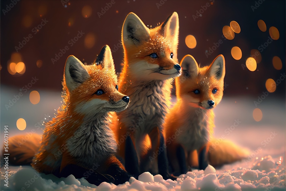 A small group of tiny and cute foxes in the snow. AI generated art illustration.	
