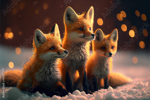 A small group of tiny and cute foxes in the snow. AI generated art illustration. 