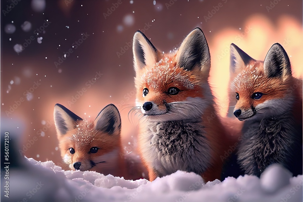 Fototapeta premium A small group of tiny and cute foxes in the snow. AI generated art illustration. 