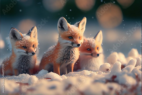 A small group of tiny and cute foxes in the snow. AI generated art illustration. 