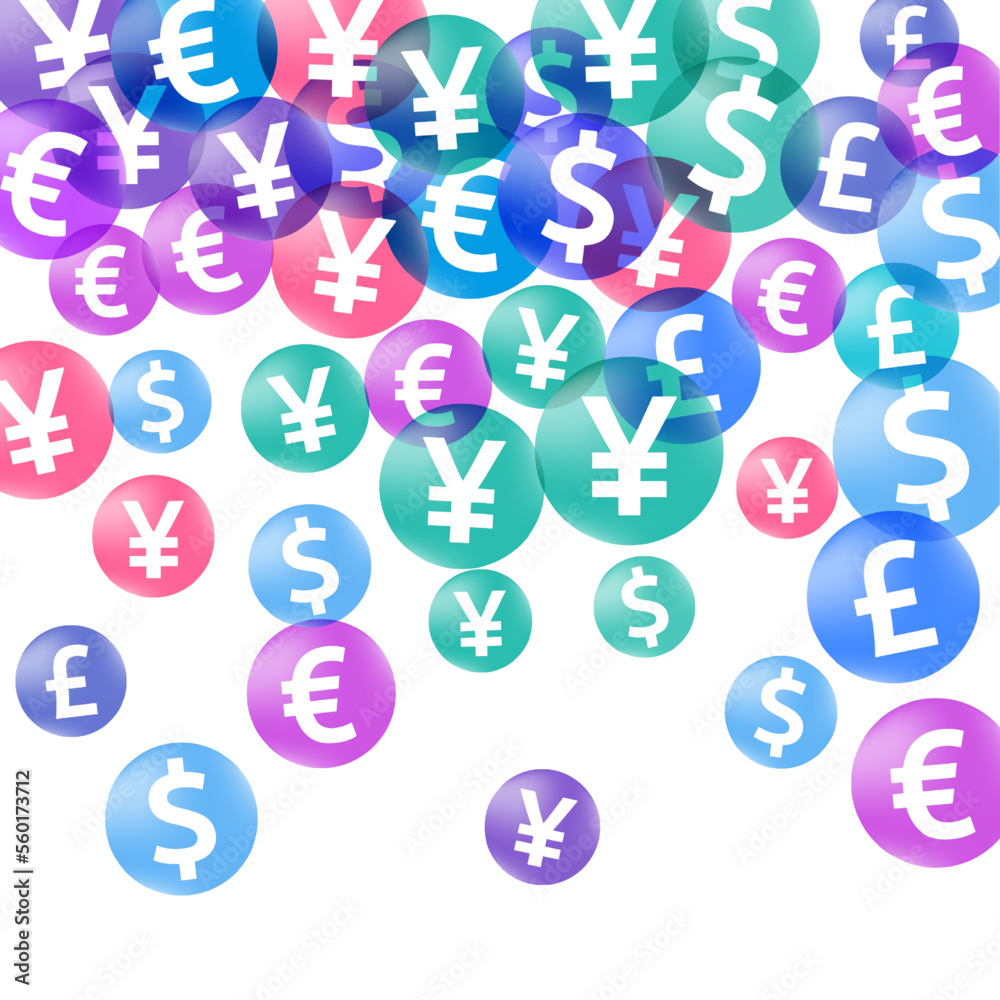 Euro dollar pound yen circle icons scatter currency vector illustration. Sale concept. Currency Euro dollar pound yen circle icons scatter currency vector illustration. Sale concept. Currency