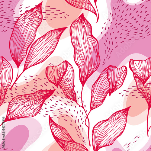 Sketch style doodle line texture leaves over stains and dots seamless vector ...