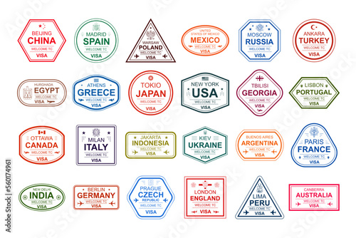 Set of Travel Visa Stamps. International and immigration office stamps. Arrival and departure visa stamps