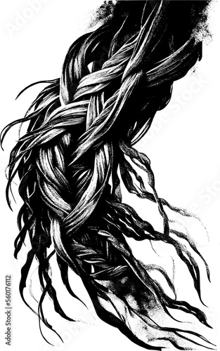 Black and white vector sketch illustration of braid fluttering in the wind