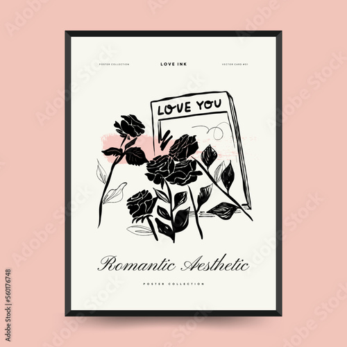 Modern Valentine's day vertical flyer or poster template. Love hand drawn trendy illustration.