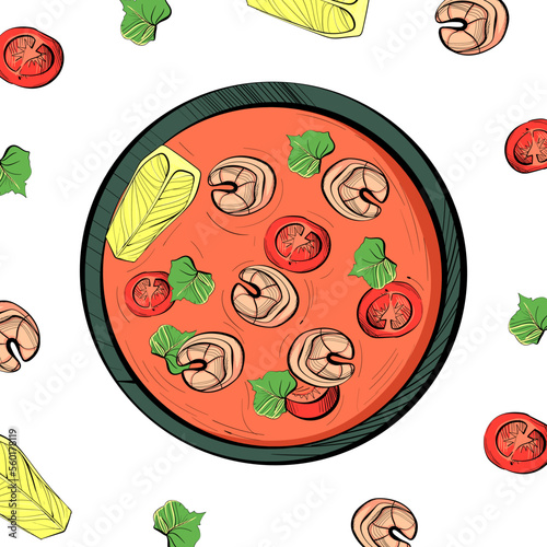 Tom yam with shrimp, tomato, greens and lemon