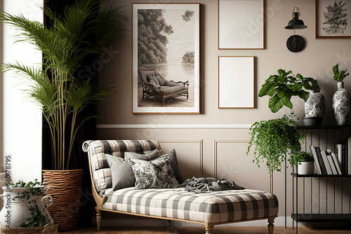 Papier peint Modern chaise longue, shelf, pillow, plaid, plants, attractive personal accessor