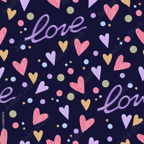  Seamless pattern with hand-drawn hearts. Romantic decorative background is perfect for Valentine's Day gift paper. Marker Art