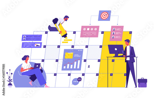 Business team checking events in calendar, office employee planning schedule and agenda, Time management and deadline concept