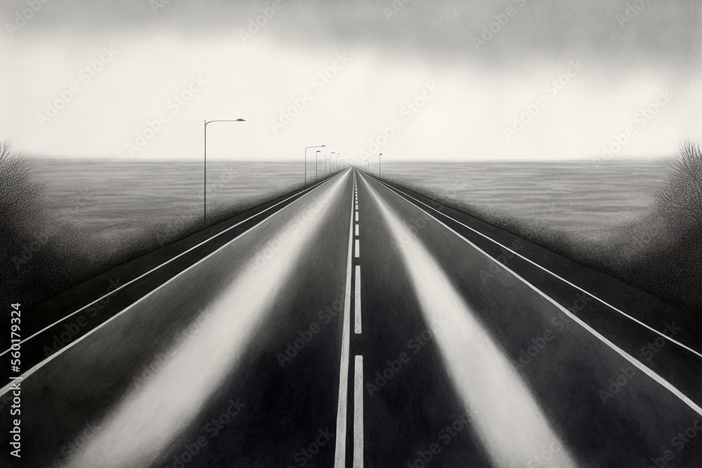 realistic road drawing, solitary. innovative design for highway and road advertising. Illustration of a highway for travel and recreation that is clouded up. Generative AI