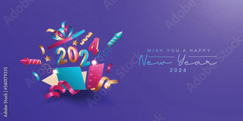 Happy new year 2024. New year celebration with fireworks rocket launch from open gift box and 3D number